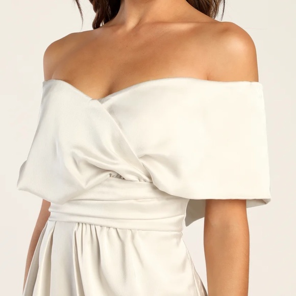 Lulus Ivory Satin Off-the-Shoulder Mini Dress - Picture 3 of 5